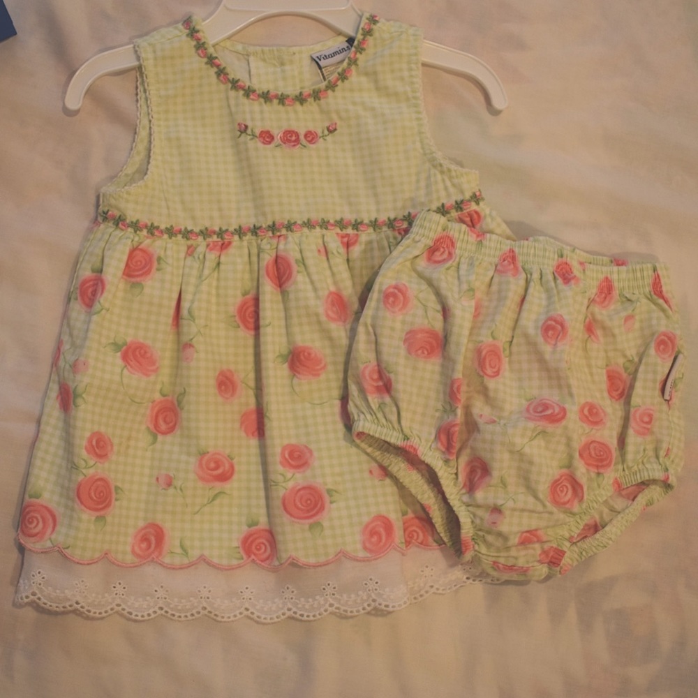 Vitamins Kids LIght Green White Gingham Rose Print Dress Diaper Cover 12 m 12m